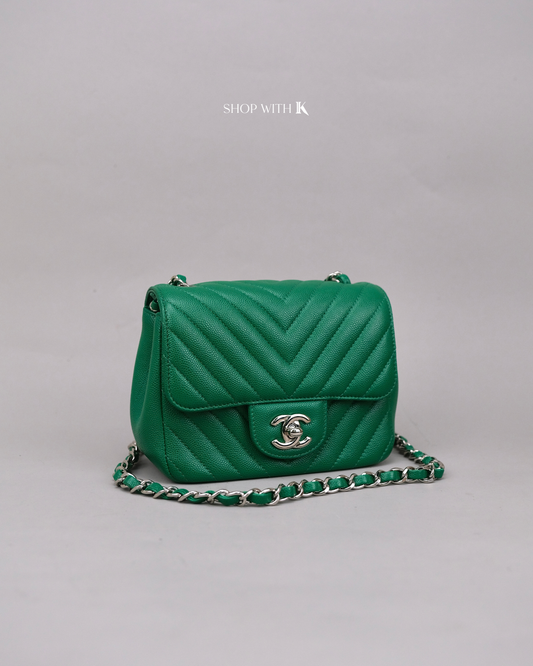 Chanel Mini Square Chevron Green SHW