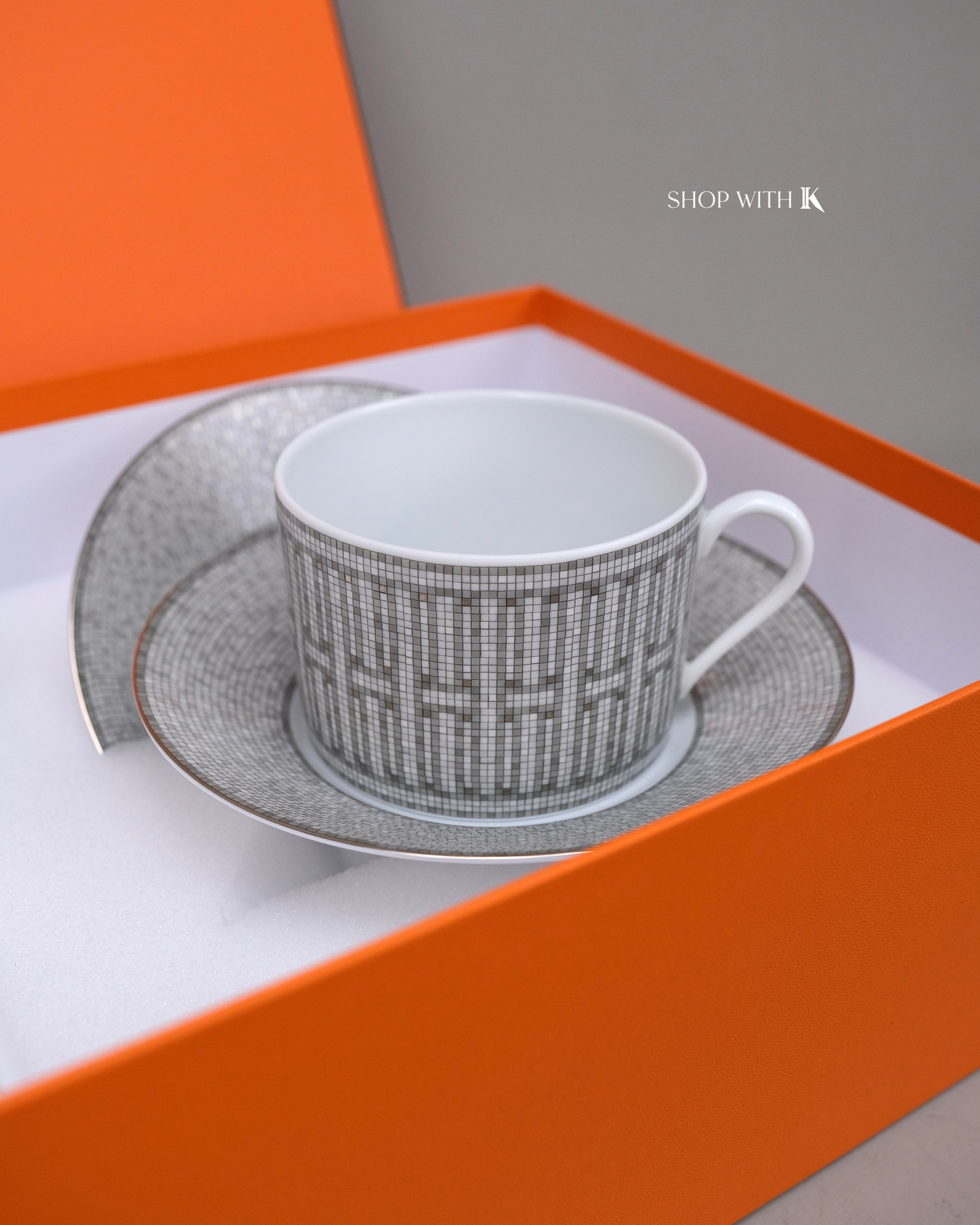 Hermes Mosaique au 24 Platinum Tea Cups and Saucers