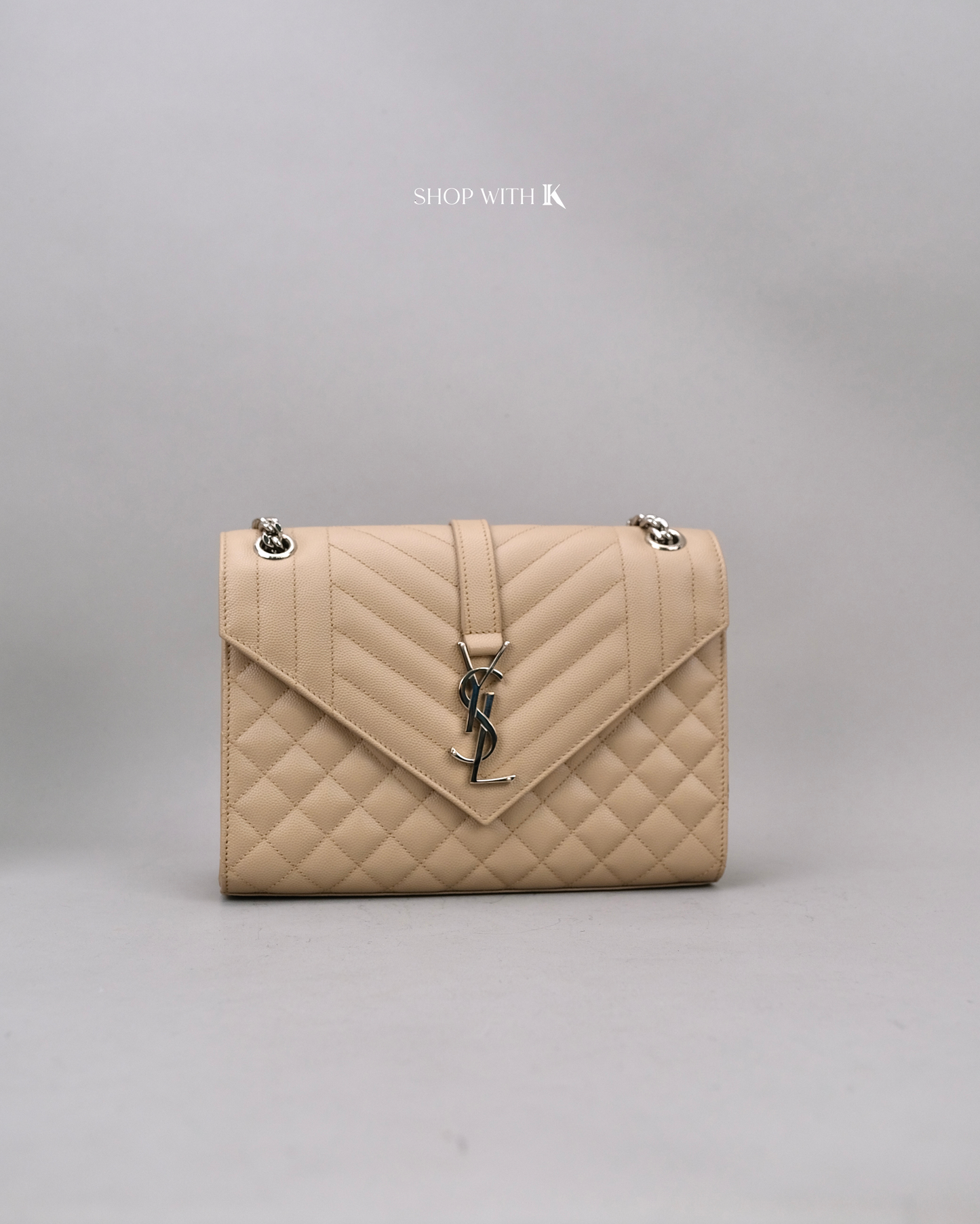 YSL Medium Envelope Quilted Caviar Beige