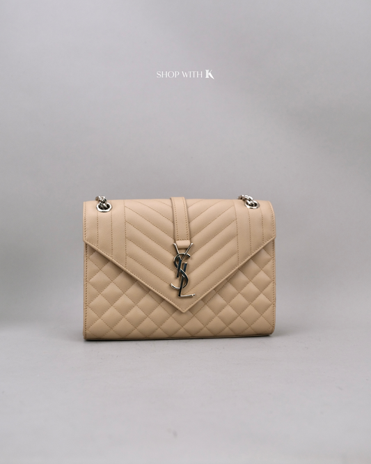 YSL Medium Envelope Quilted Caviar Beige
