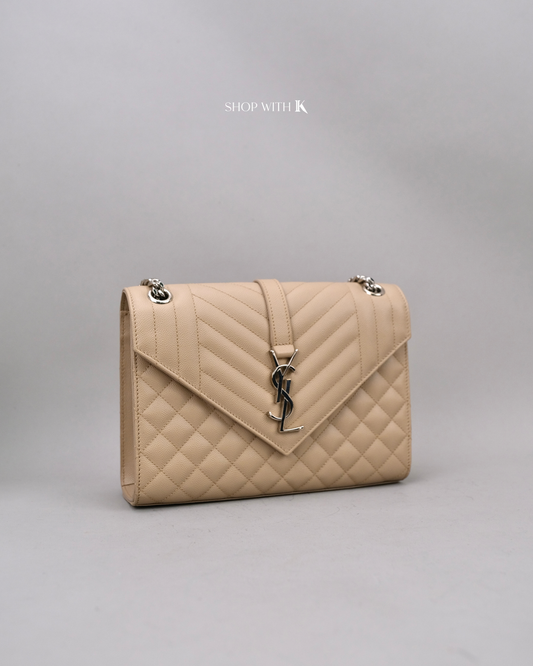 YSL Medium Envelope Quilted Caviar Beige