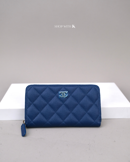 Chanel Long Quilted Leather Zip Around Blue PHW