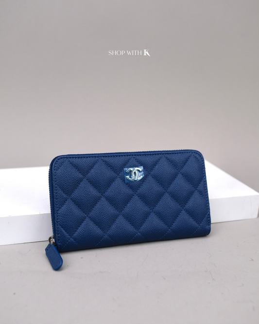 Chanel Long Quilted Leather Zip Around Blue PHW