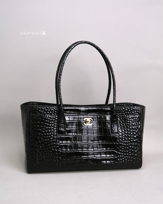 Chanel Cerf Tote Croc Stamp Black GHW