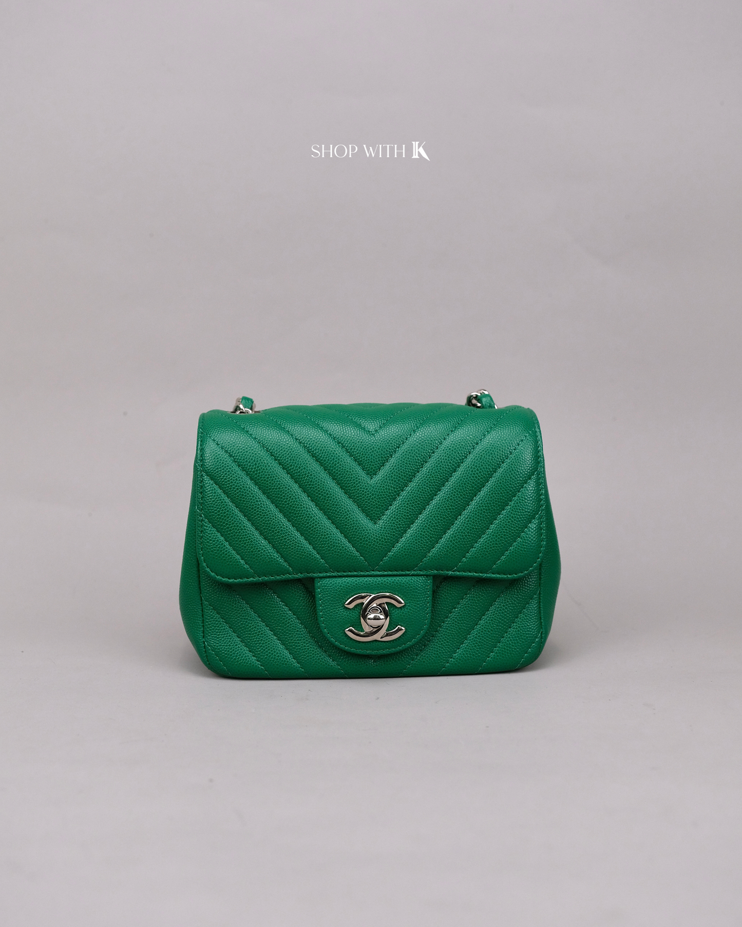 Chanel Mini Square Chevron Green SHW