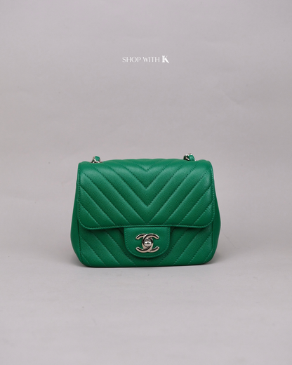 Chanel Mini Square Chevron Green SHW