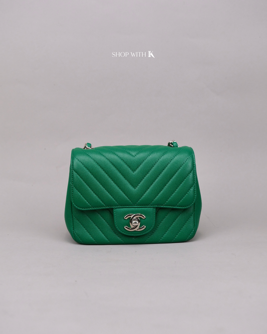 Chanel Mini Square Chevron Green SHW