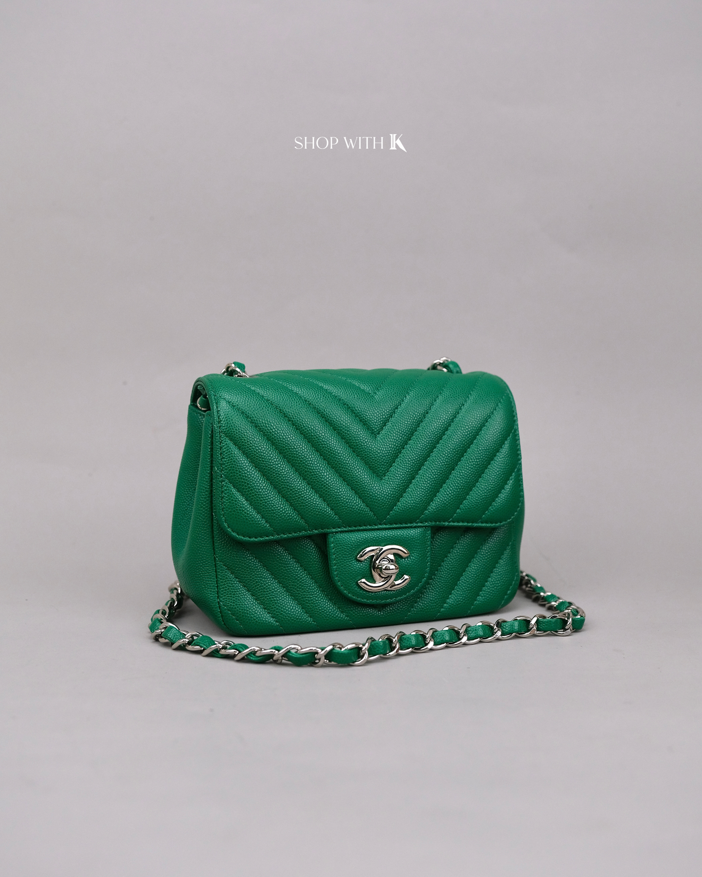 Chanel Mini Square Chevron Green SHW
