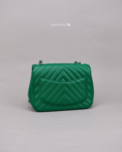 Chanel Mini Square Chevron Green SHW