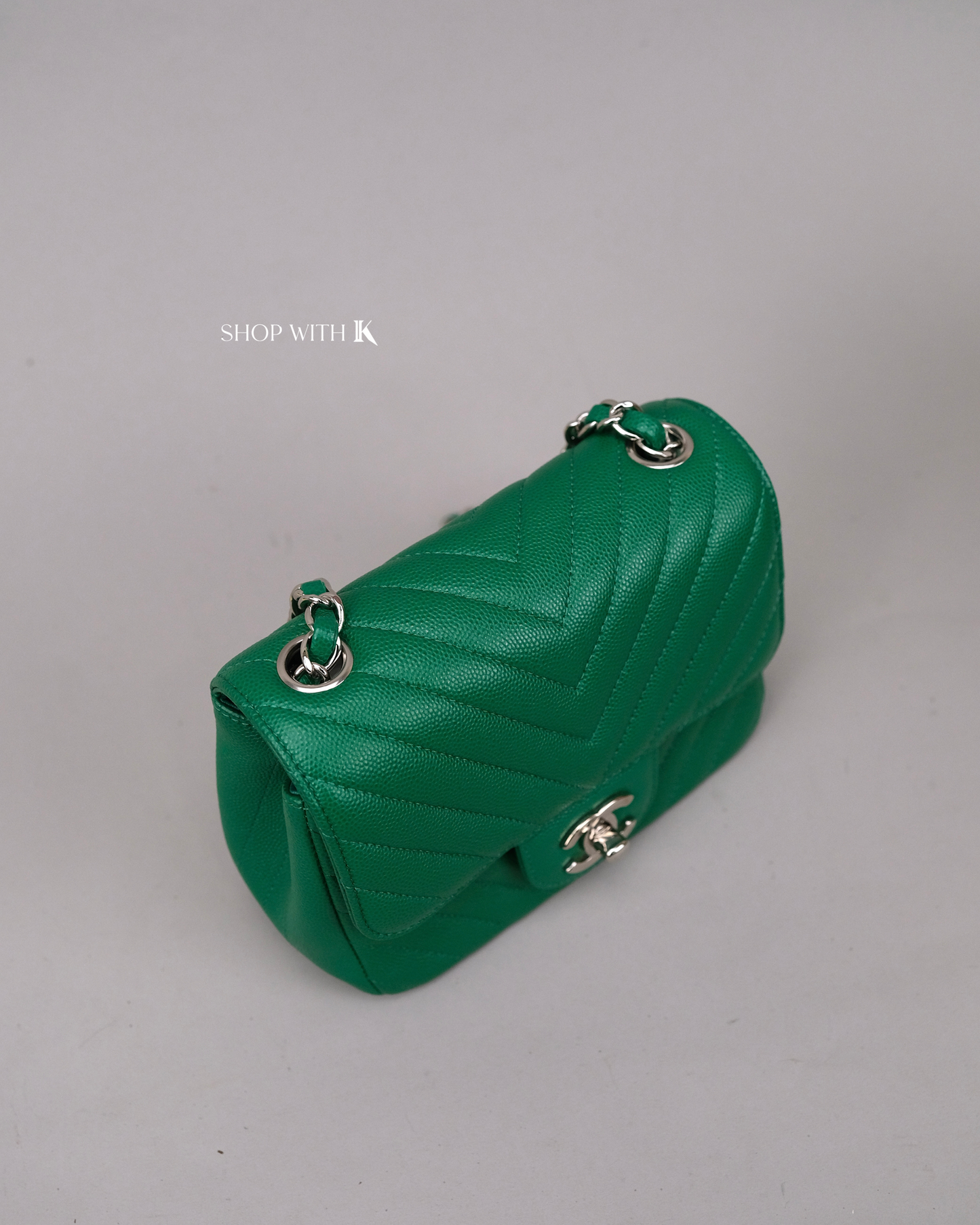 Chanel Mini Square Chevron Green SHW