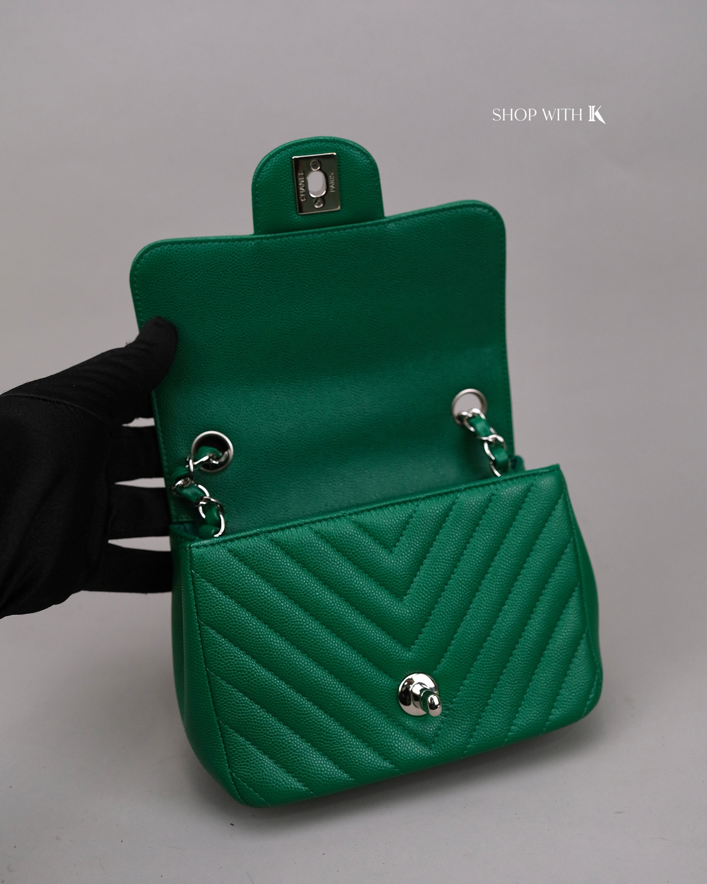 Chanel Mini Square Chevron Green SHW