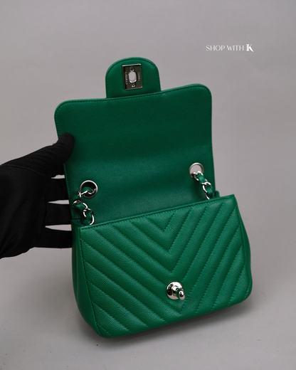 Chanel Mini Square Chevron Green SHW
