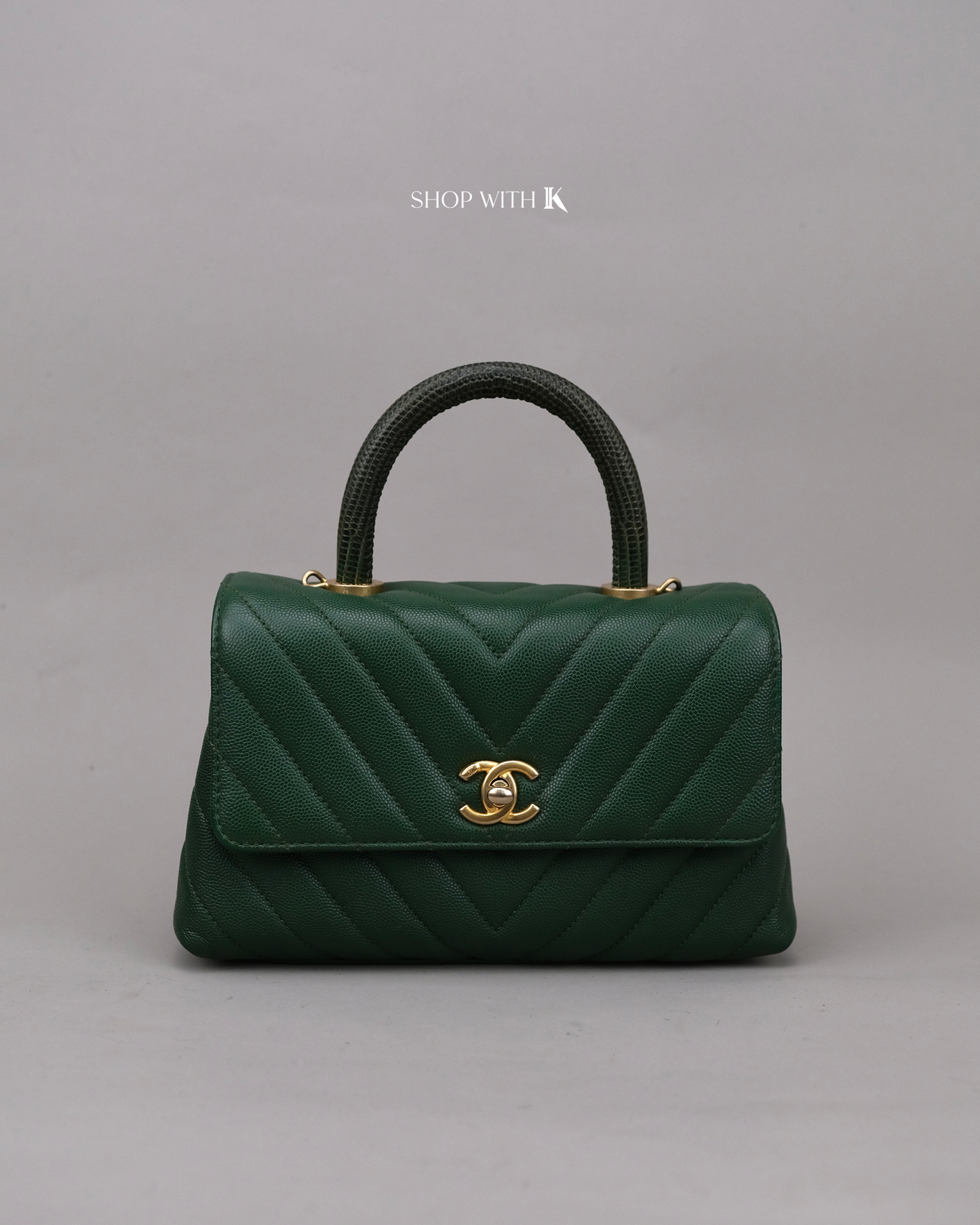 Chanel Coco Handle Small Chevron Green Lizard Handle GHW