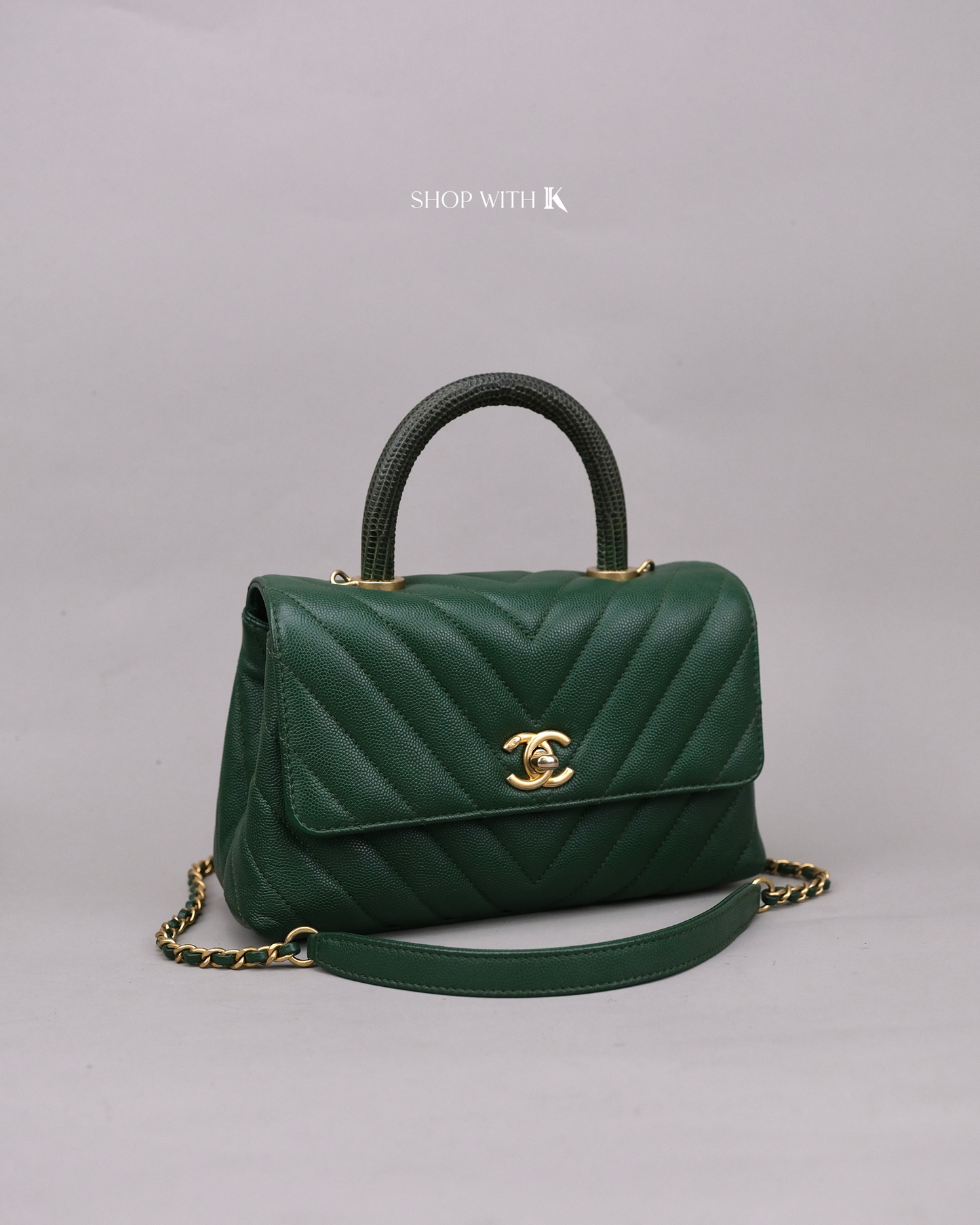 Chanel Coco Handle Small Chevron Green Lizard Handle GHW