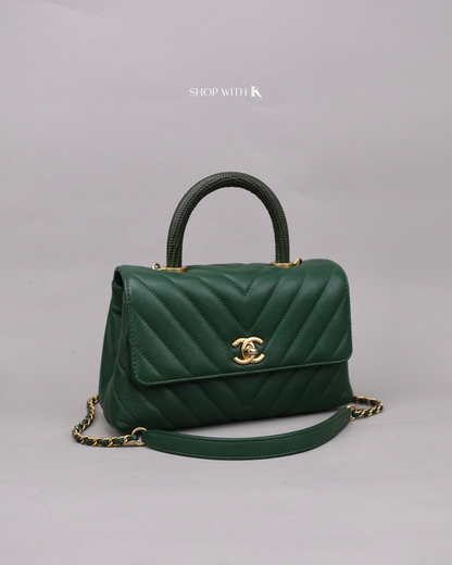 Chanel Coco Handle Small Chevron Green Lizard Handle GHW