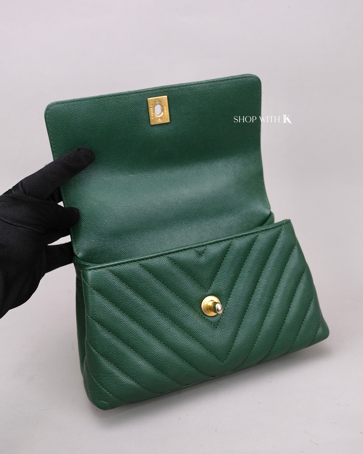 Chanel Coco Handle Small Chevron Green Lizard Handle GHW