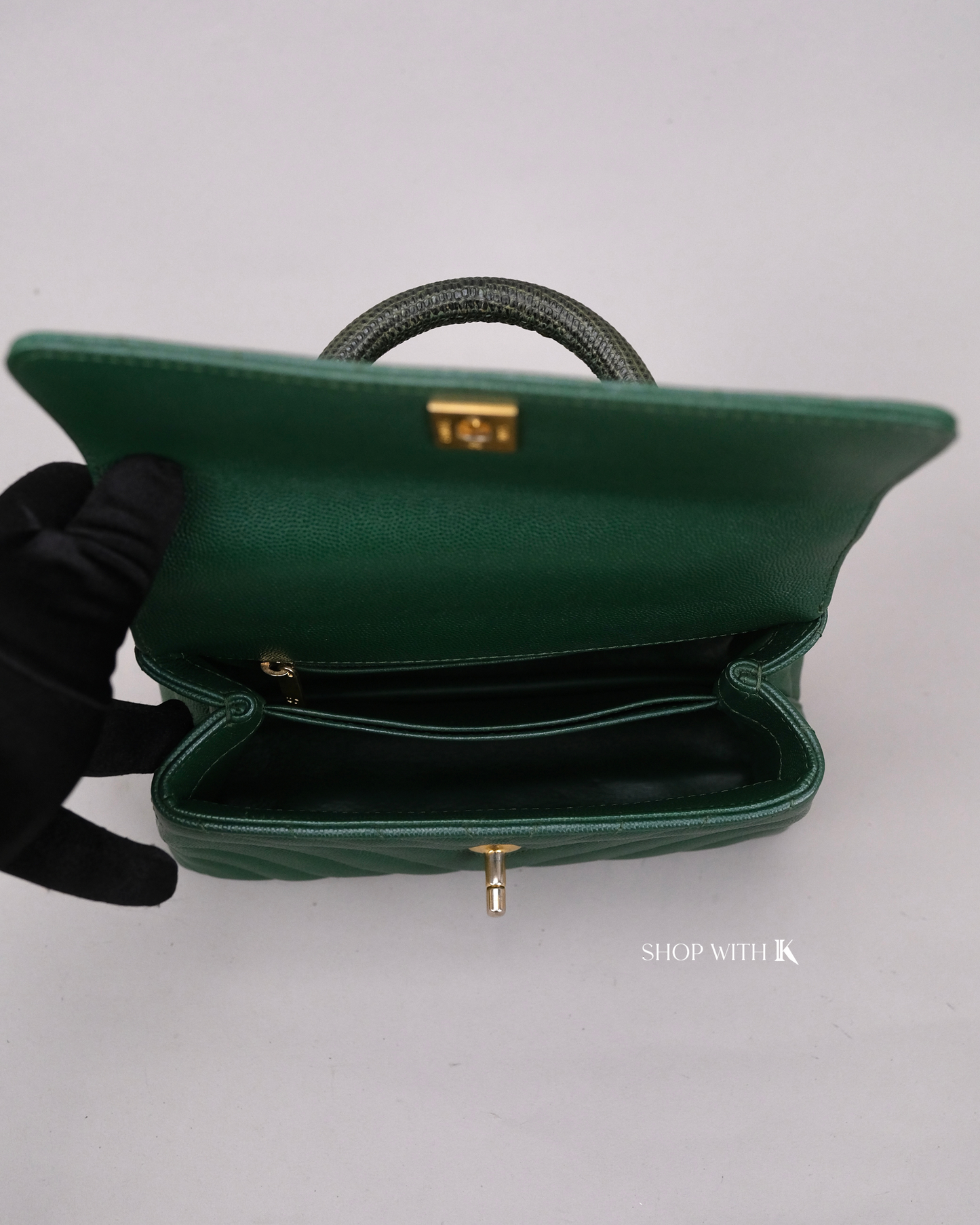 Chanel Coco Handle Small Chevron Green Lizard Handle GHW