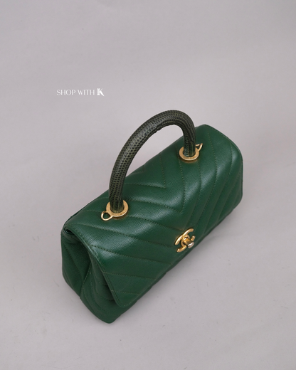Chanel Coco Handle Small Chevron Green Lizard Handle GHW