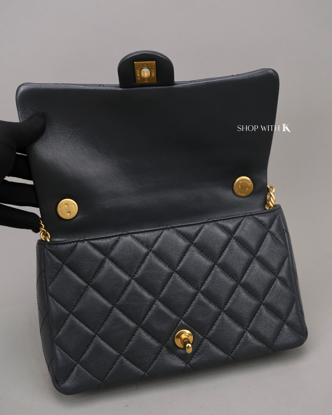 Chanel Flap Gray with Flowers on Chain