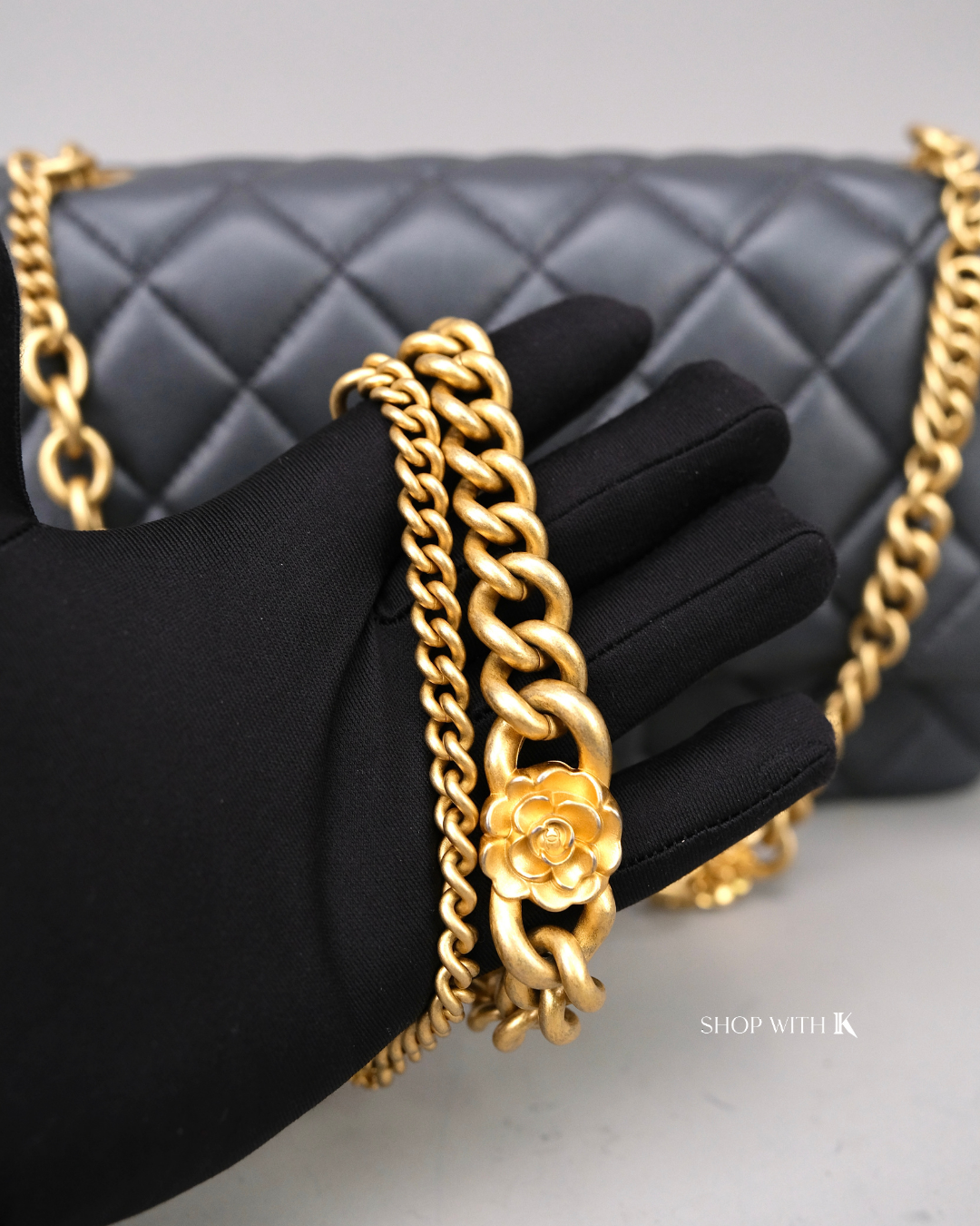 Chanel Flap Gray with Flowers on Chain