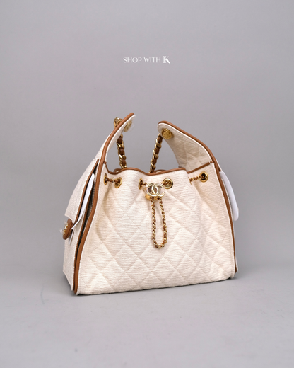 Chanel 25 Small Tweed Ecru Canvas