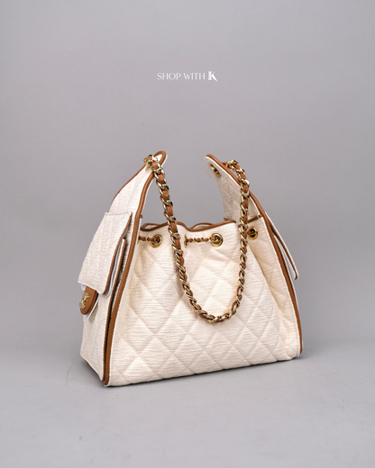 Chanel 25 Small Tweed Ecru Canvas