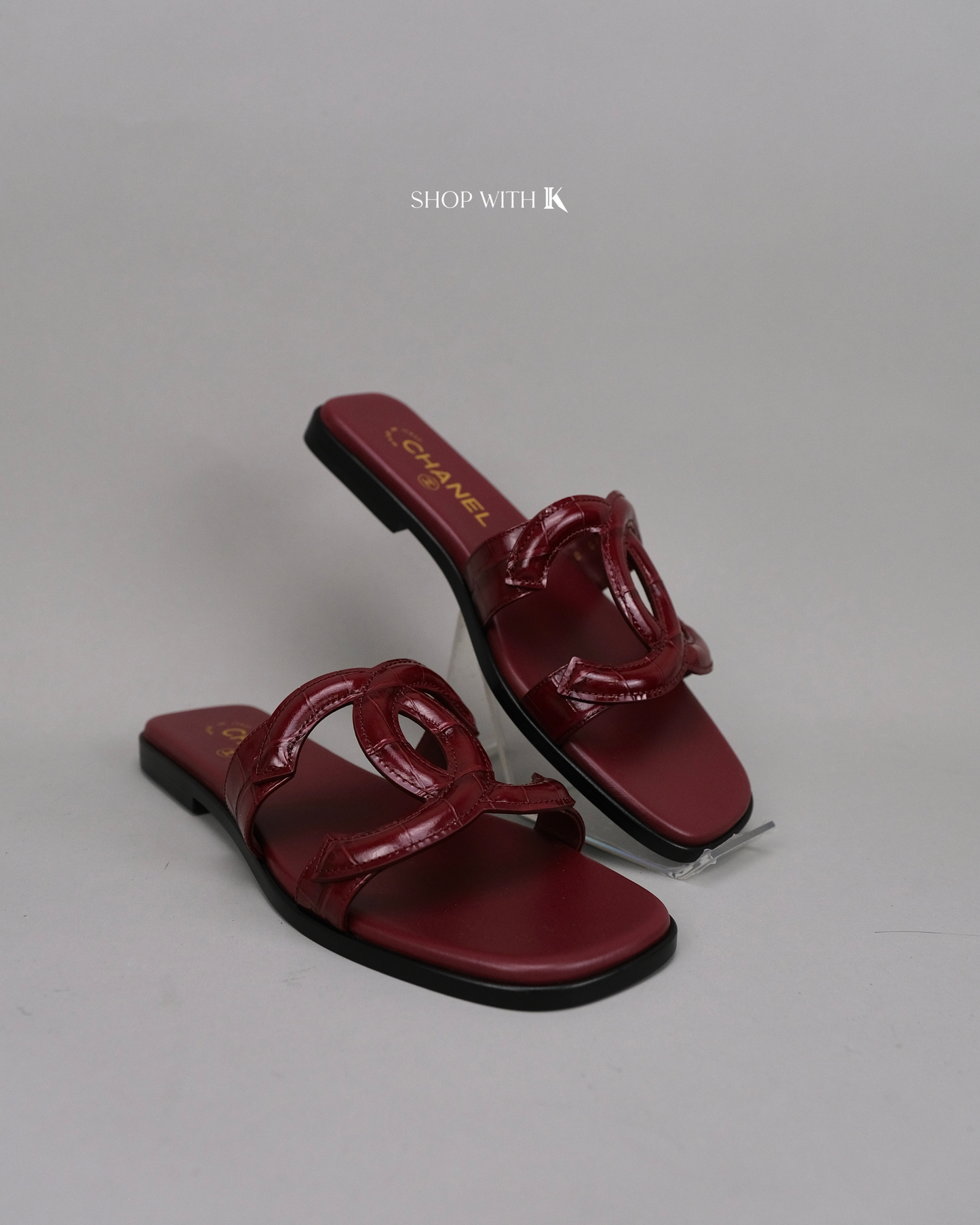 Chanel CC Logo Mules Sandals Burgundy Croc