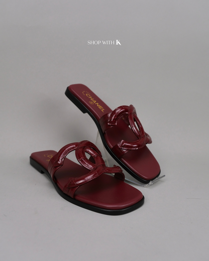 Chanel CC Logo Mules Sandals Burgundy Croc