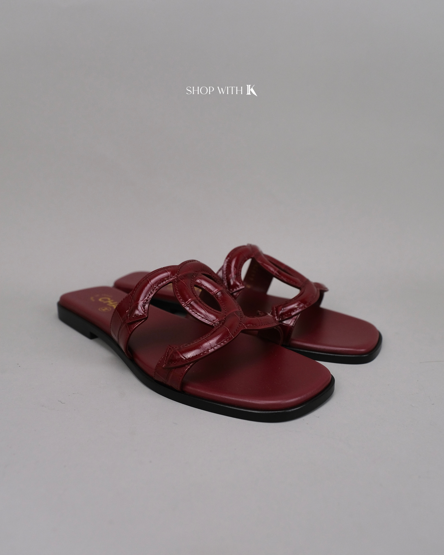 Chanel CC Logo Mules Sandals Burgundy Croc