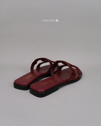 Chanel CC Logo Mules Sandals Burgundy Croc