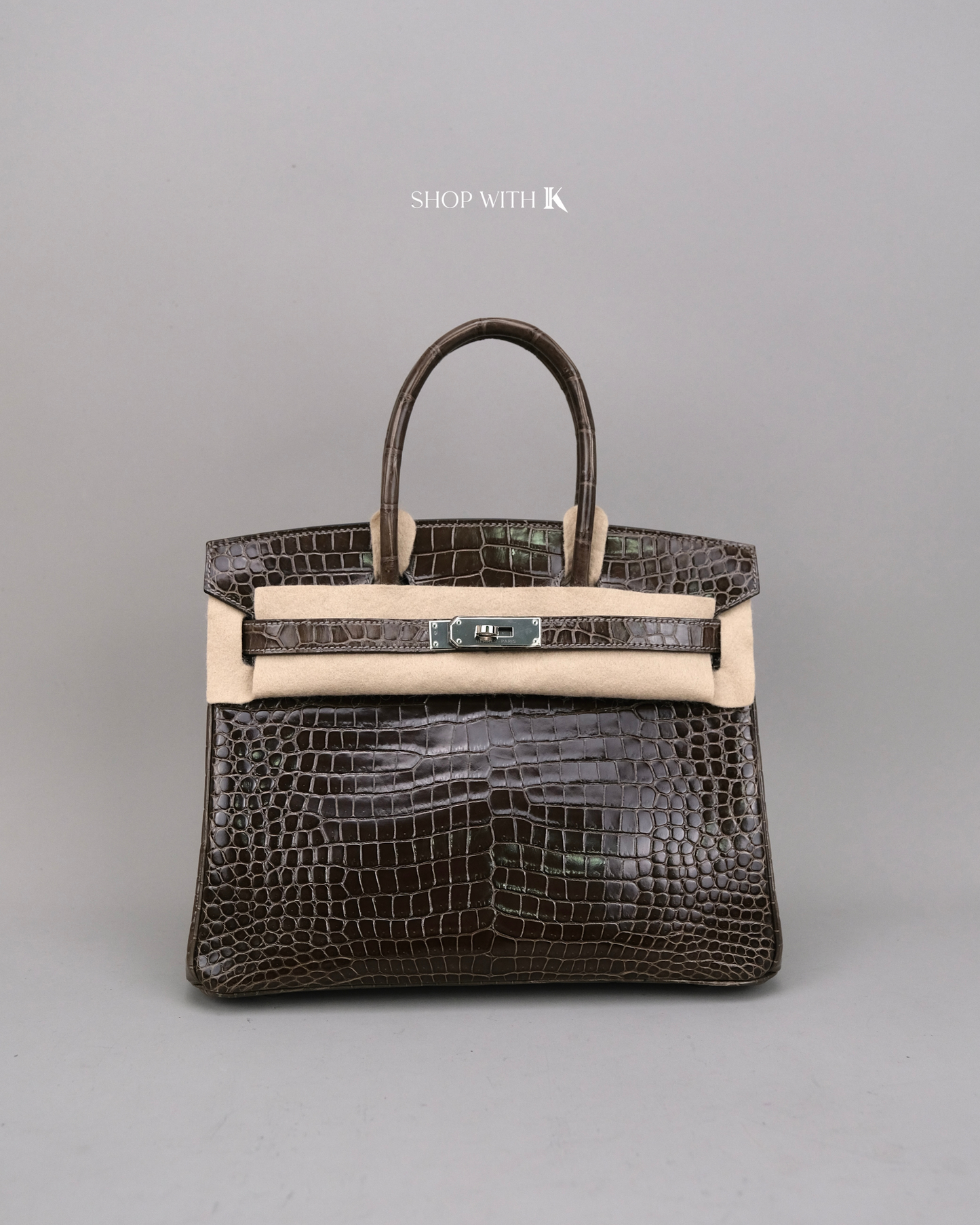 Hermes Birkin 30 Gris Elephant Shiny Porous Crocodile PHW
