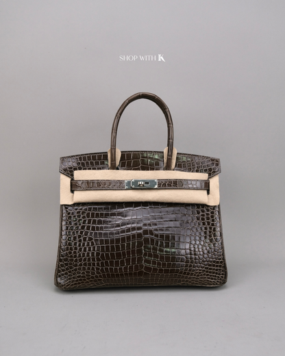 Hermes Birkin 30 Gris Elephant Shiny Porous Crocodile PHW