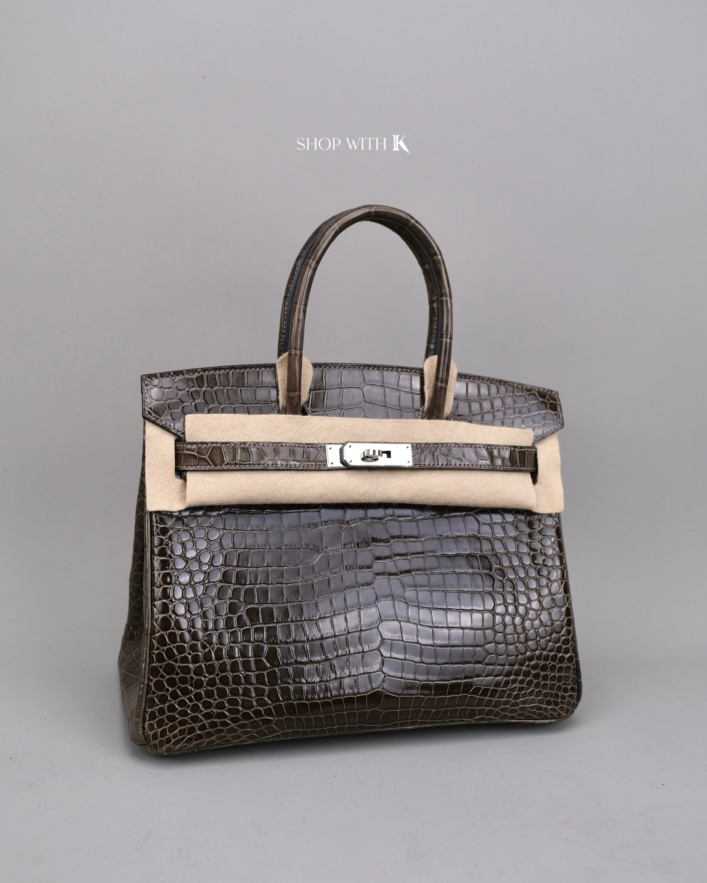 Hermes Birkin 30 Gris Elephant Shiny Porous Crocodile PHW