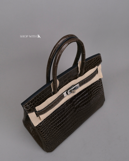 Hermes Birkin 30 Gris Elephant Shiny Porous Crocodile PHW