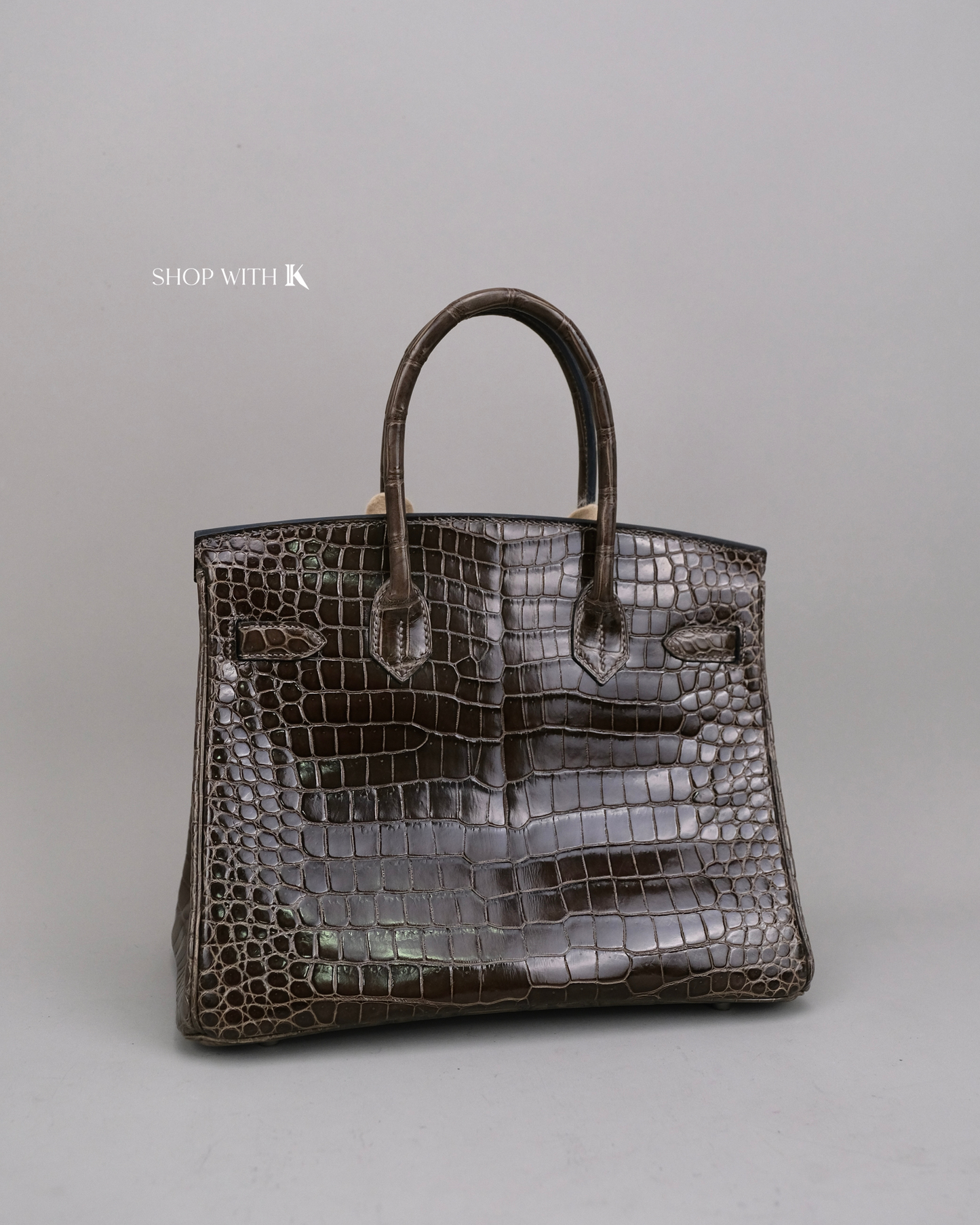 Hermes Birkin 30 Gris Elephant Shiny Porous Crocodile PHW