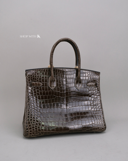 Hermes Birkin 30 Gris Elephant Shiny Porous Crocodile PHW