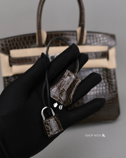 Hermes Birkin 30 Gris Elephant Shiny Porous Crocodile PHW