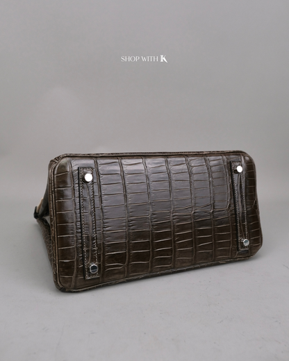 Hermes Birkin 30 Gris Elephant Shiny Porous Crocodile PHW