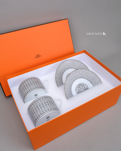 Hermes Mosaique au 24 Platinum Tea Cups and Saucers
