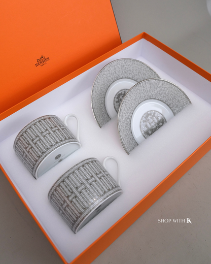 Hermes Mosaique au 24 Platinum Tea Cups and Saucers