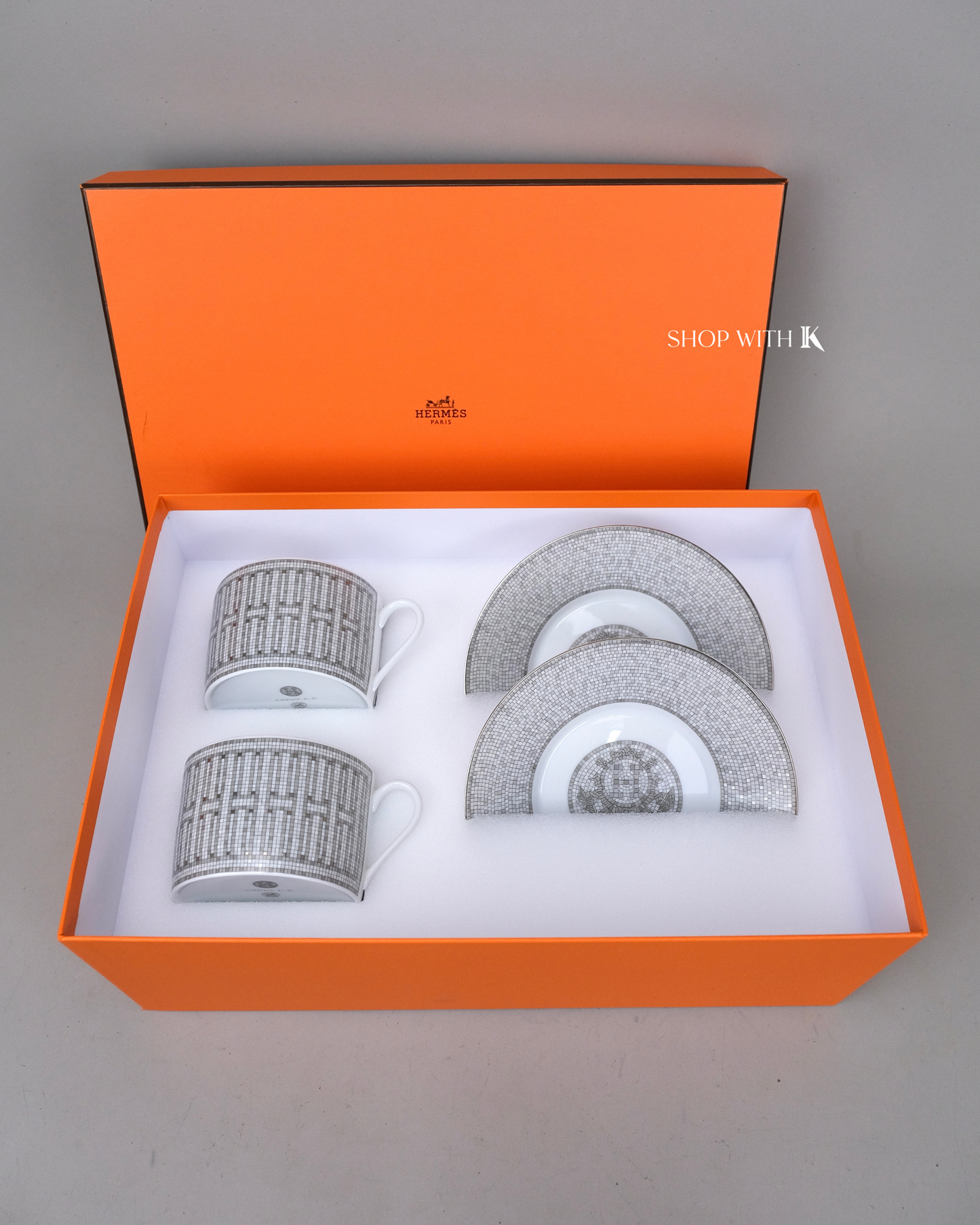 Hermes Mosaique au 24 Platinum Tea Cups and Saucers