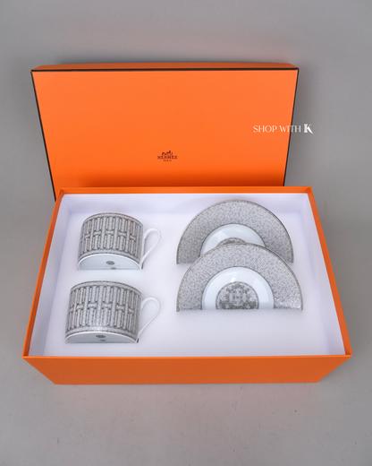 Hermes Mosaique au 24 Platinum Tea Cups and Saucers