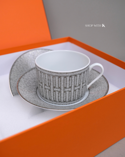 Hermes Mosaique au 24 Platinum Tea Cups and Saucers