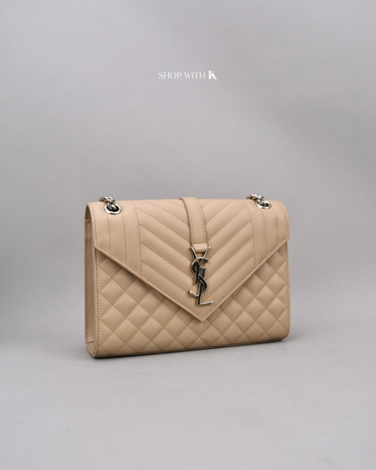 YSL Medium Envelope Quilted Caviar Beige