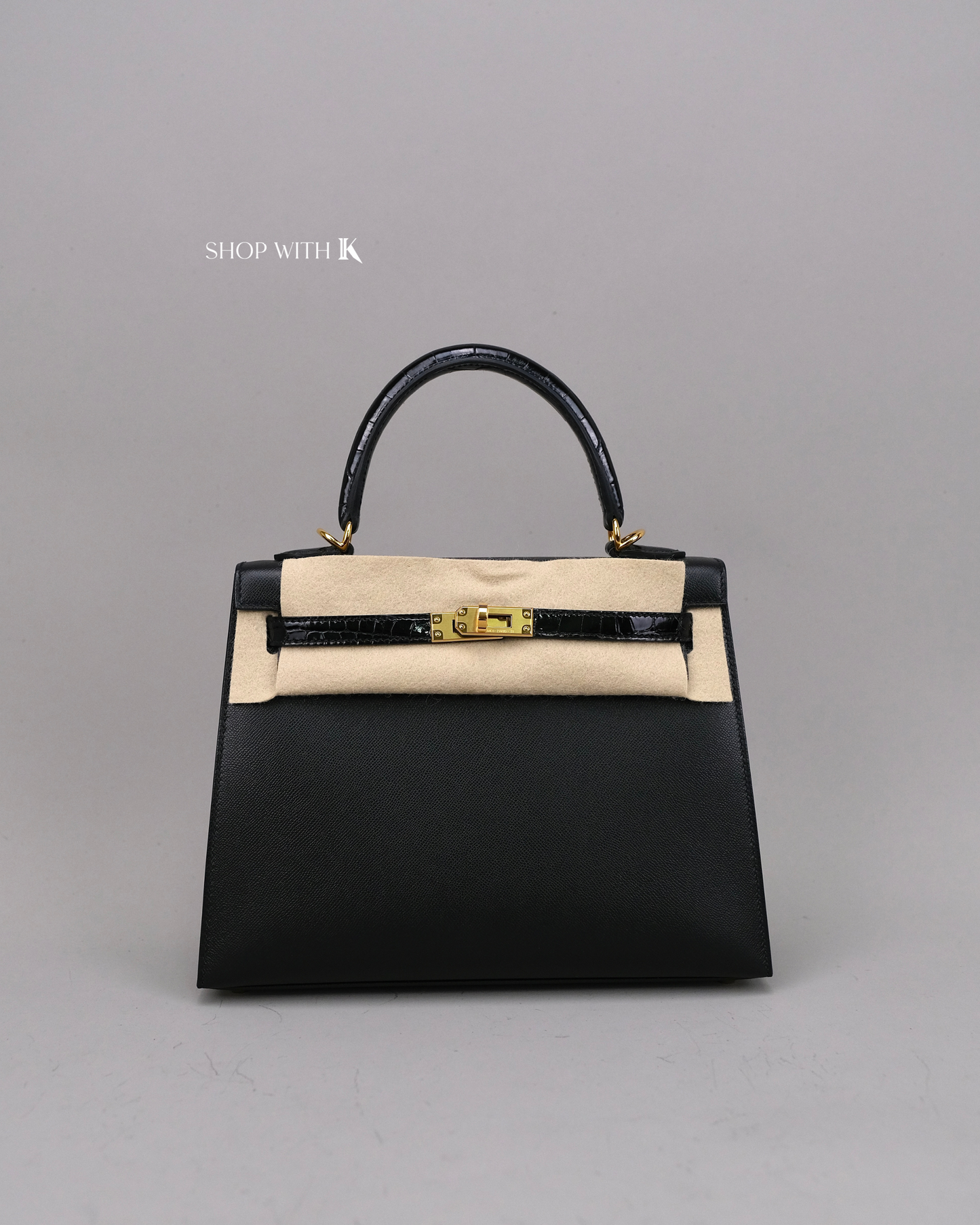 Hermes Kelly 25 Noir Croc Touch GHW
