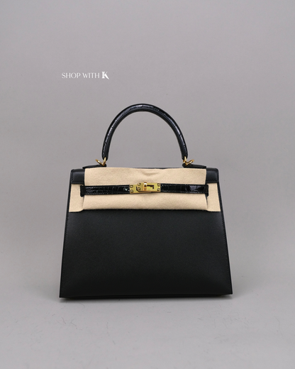 Hermes Kelly 25 Noir Croc Touch GHW