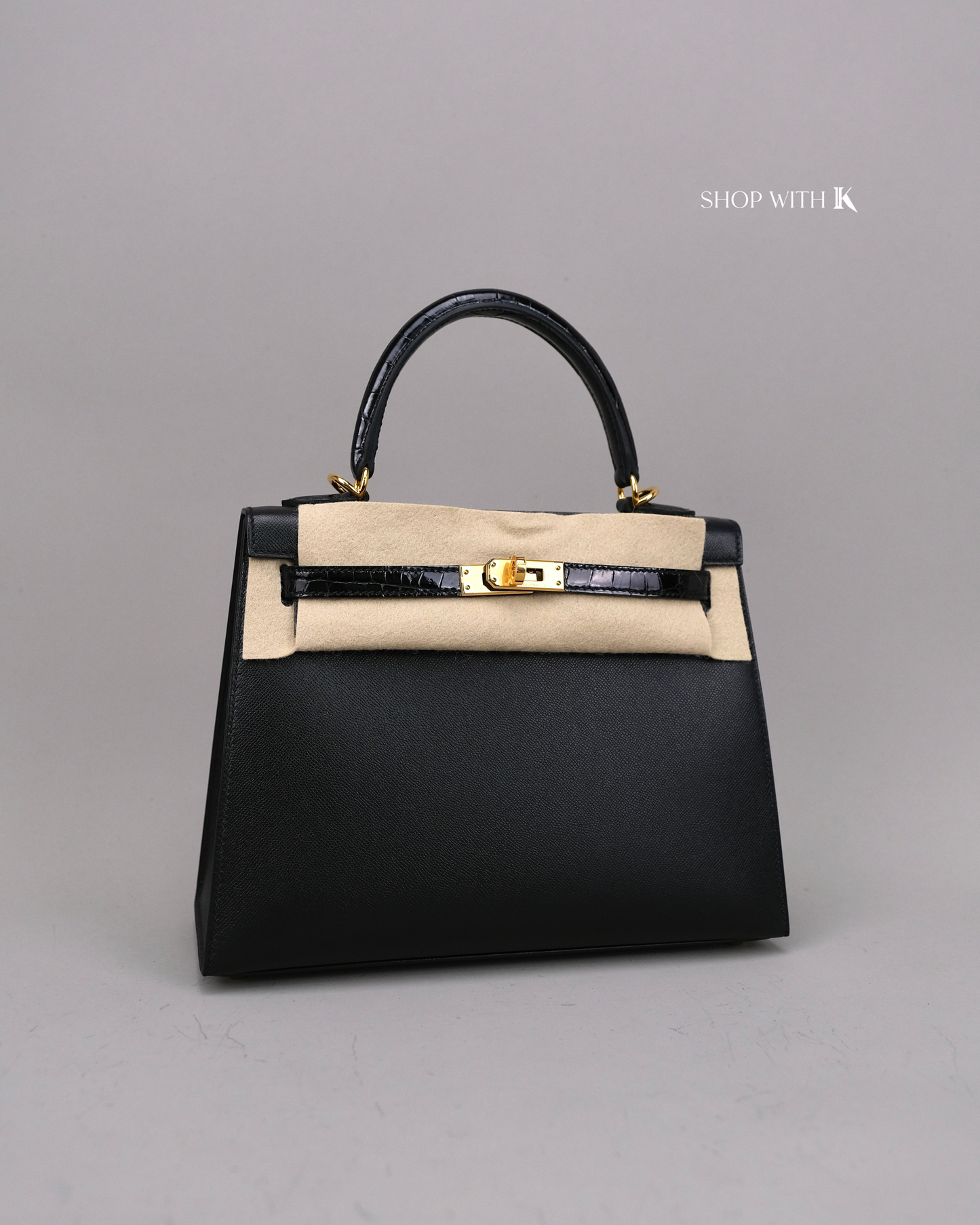 Hermes Kelly 25 Noir Croc Touch GHW