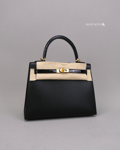 Hermes Kelly 25 Noir Croc Touch GHW