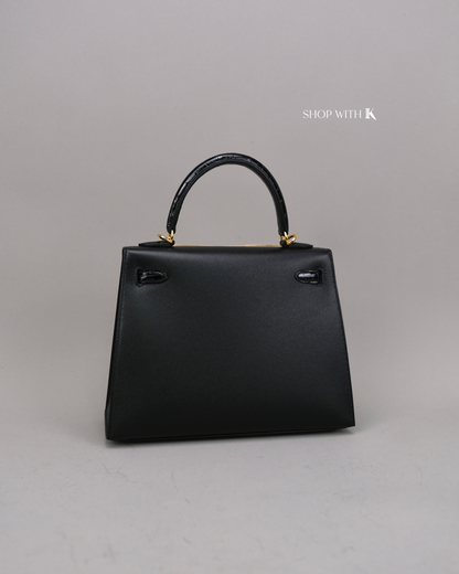 Hermes Kelly 25 Noir Croc Touch GHW