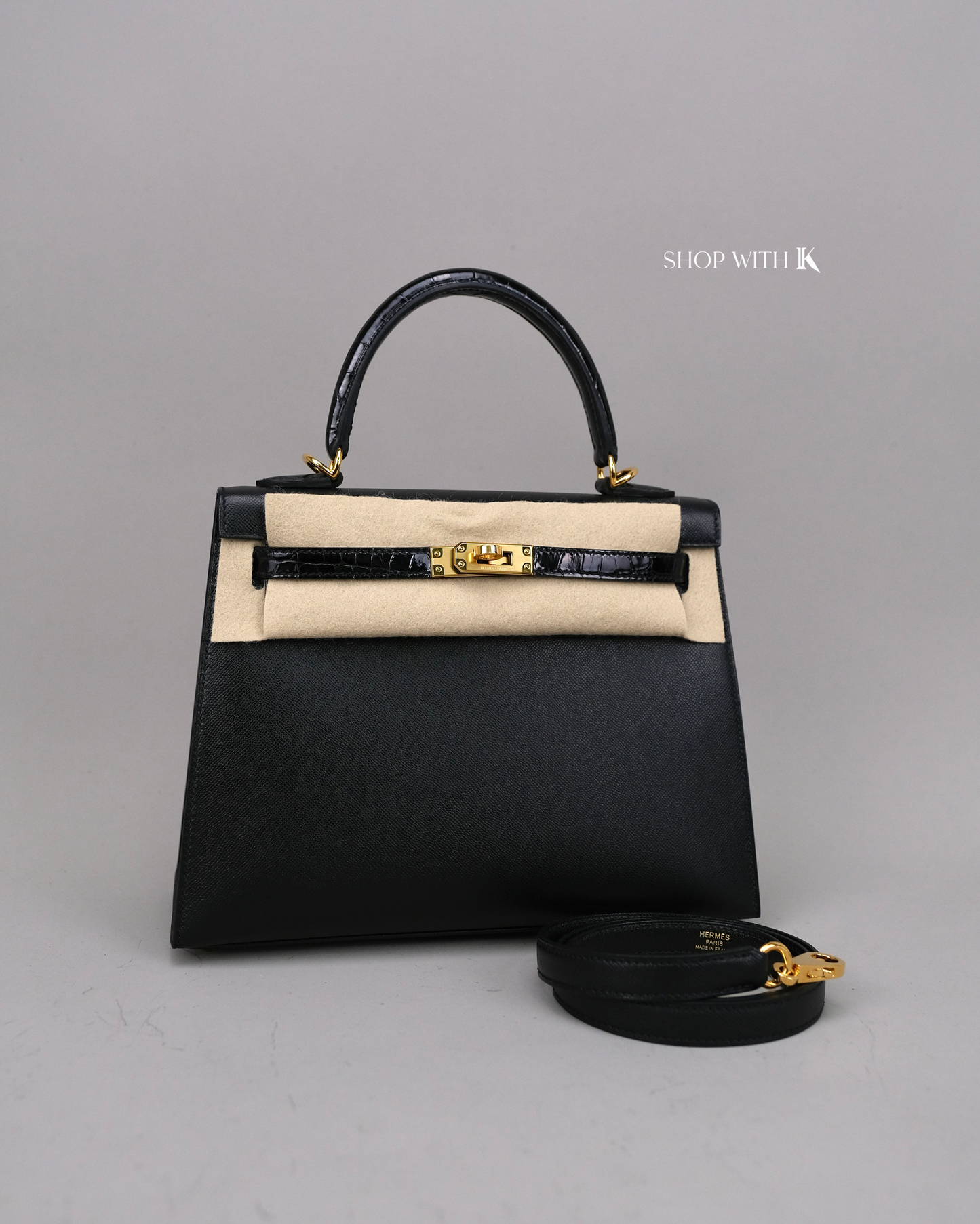 Hermes Kelly 25 Noir Croc Touch GHW